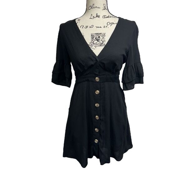 Shades of Blonde Black Fit and Flare Black Button-Down Dress Ruffle Sleeves XS - Picture 2 of 9